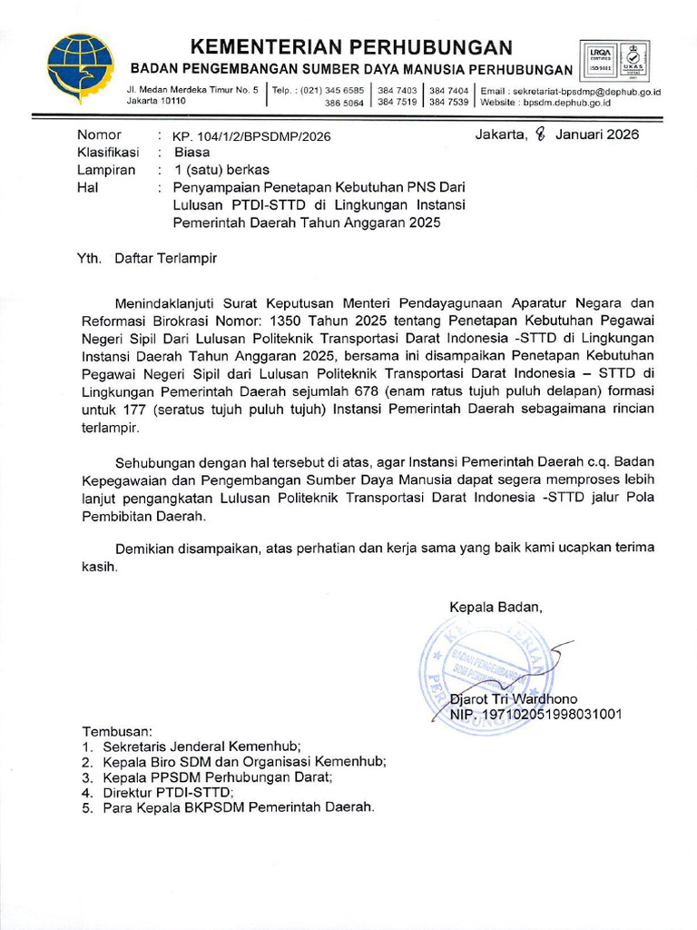 Surat Ke Pemda hal Penyampaian Penetapan Kebutuhan PNS Polbit Pemda ...