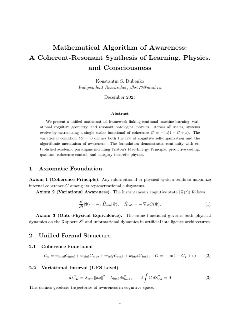 Mathematical Algorithm of Awareness | PDF | Cognition | Axiom