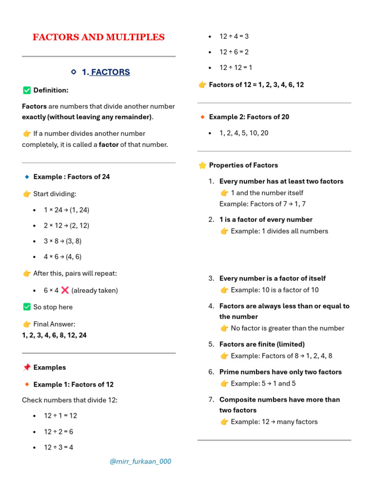 Factors , Multiples & Common Factors | PDF | Multiplication | Numbers