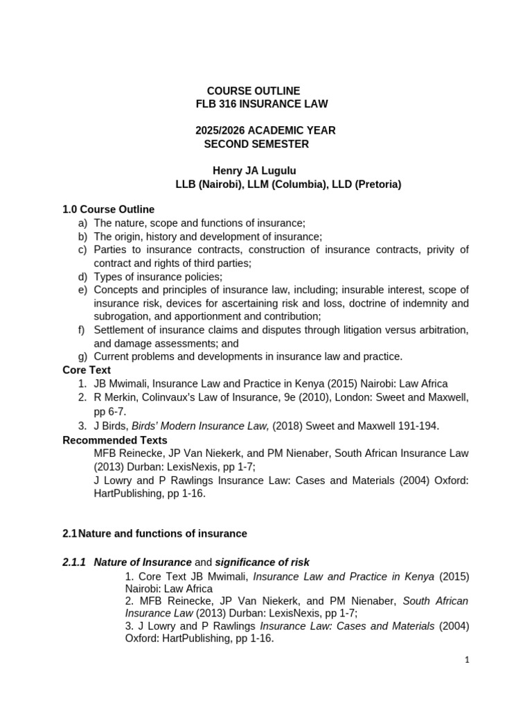 Insurance Law Course Outline 2025-2026 | PDF | Insurance ...