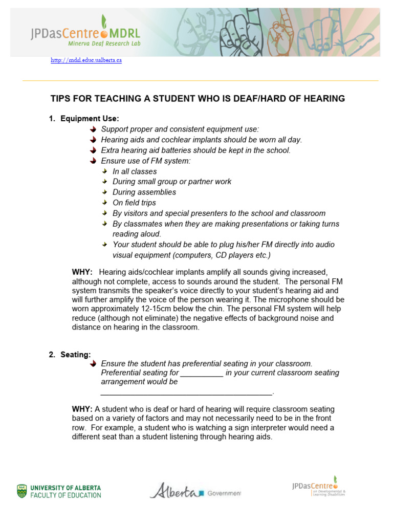 Tips For Teaching Students Who Are Deaf and Hard of Hearing | PDF ...