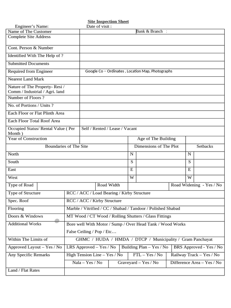 New Site Inspection Sheet | PDF