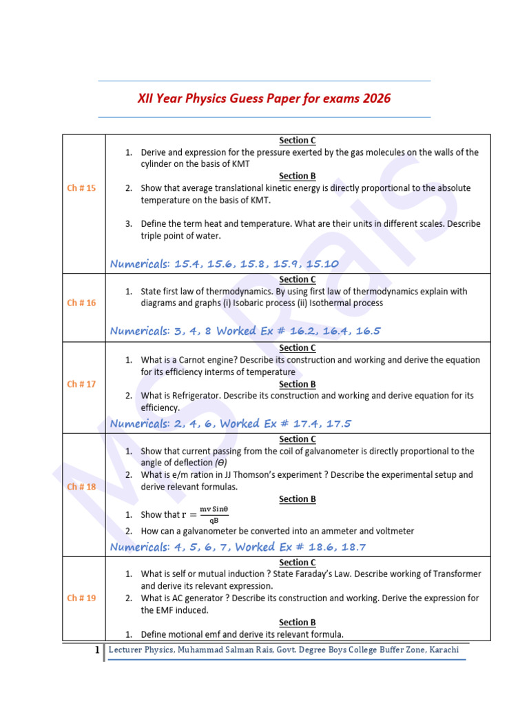 XII Physics Guess Paper (Updated) | PDF | Rectifier | Temperature