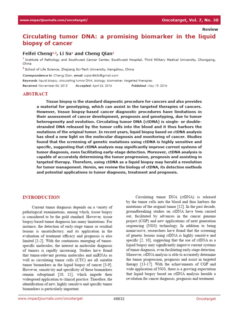 Circulating Tumor DNA | PDF | Biopsy | Neoplasms
