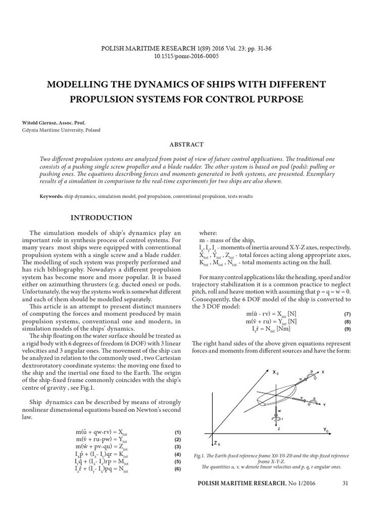 Modelling the Dynamics of Ships With Different Propulsion Systems for ...