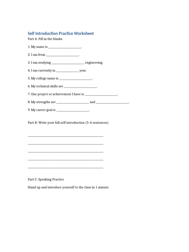 Self Introduction Worksheet | PDF