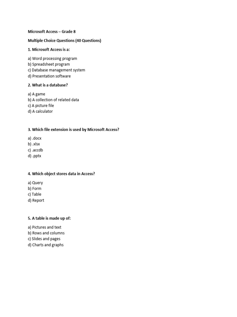 Microsoft Access worksheet for grade 8 (1) | PDF | Table (Database ...