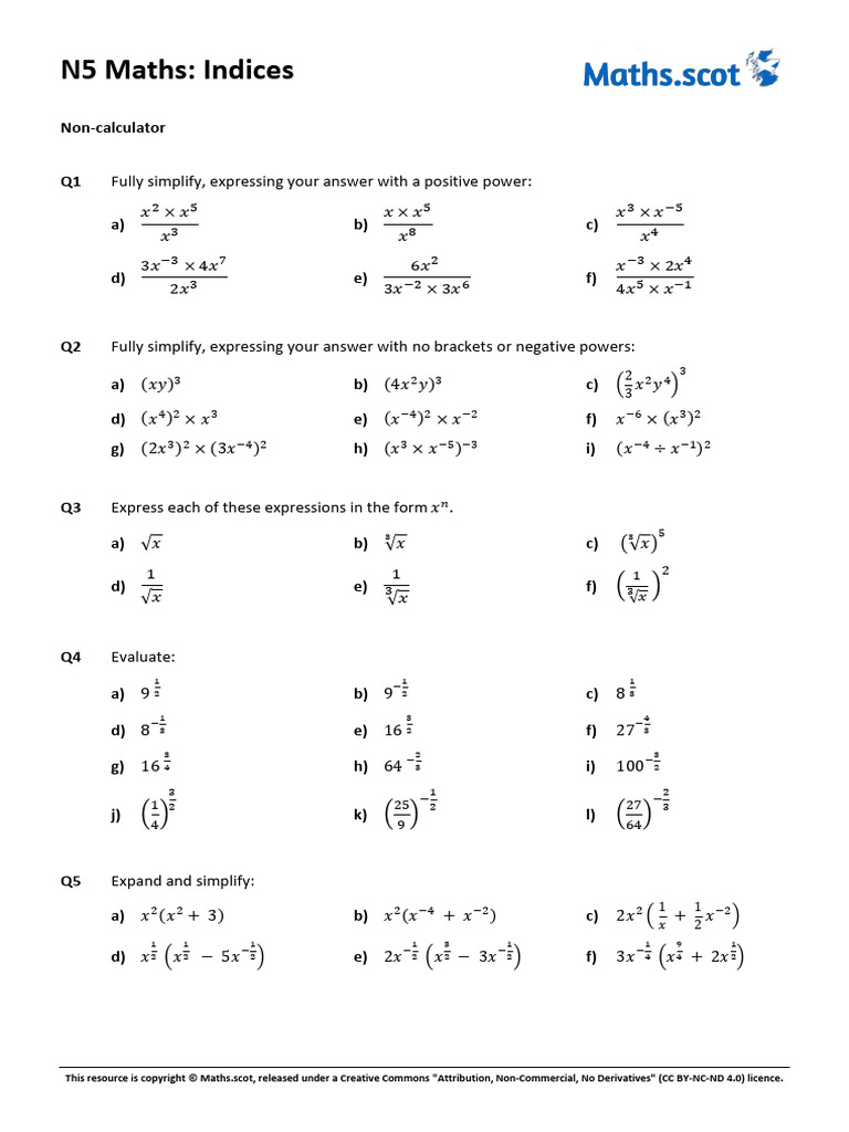 Indices Worksheet | PDF