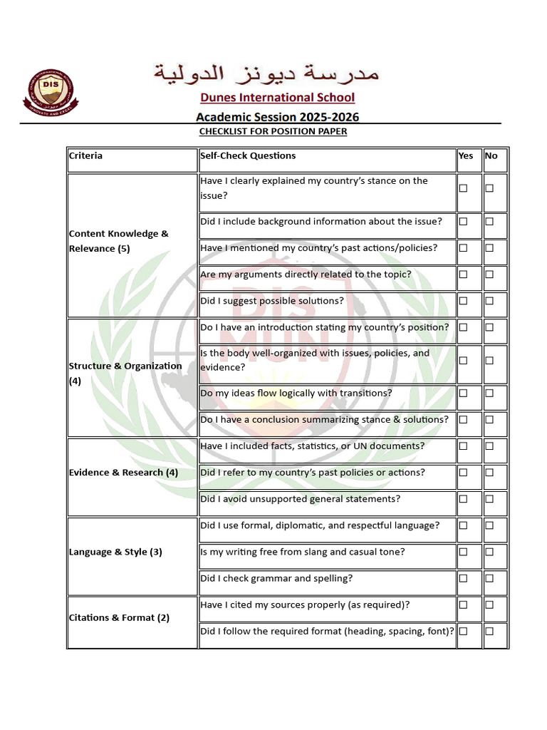 Checklist for Position Paper | PDF