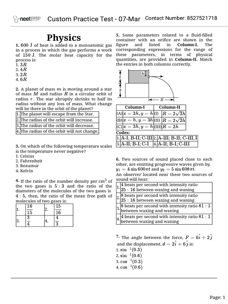 Custom Practice Test - 07-Mar | PDF | Force | Acid