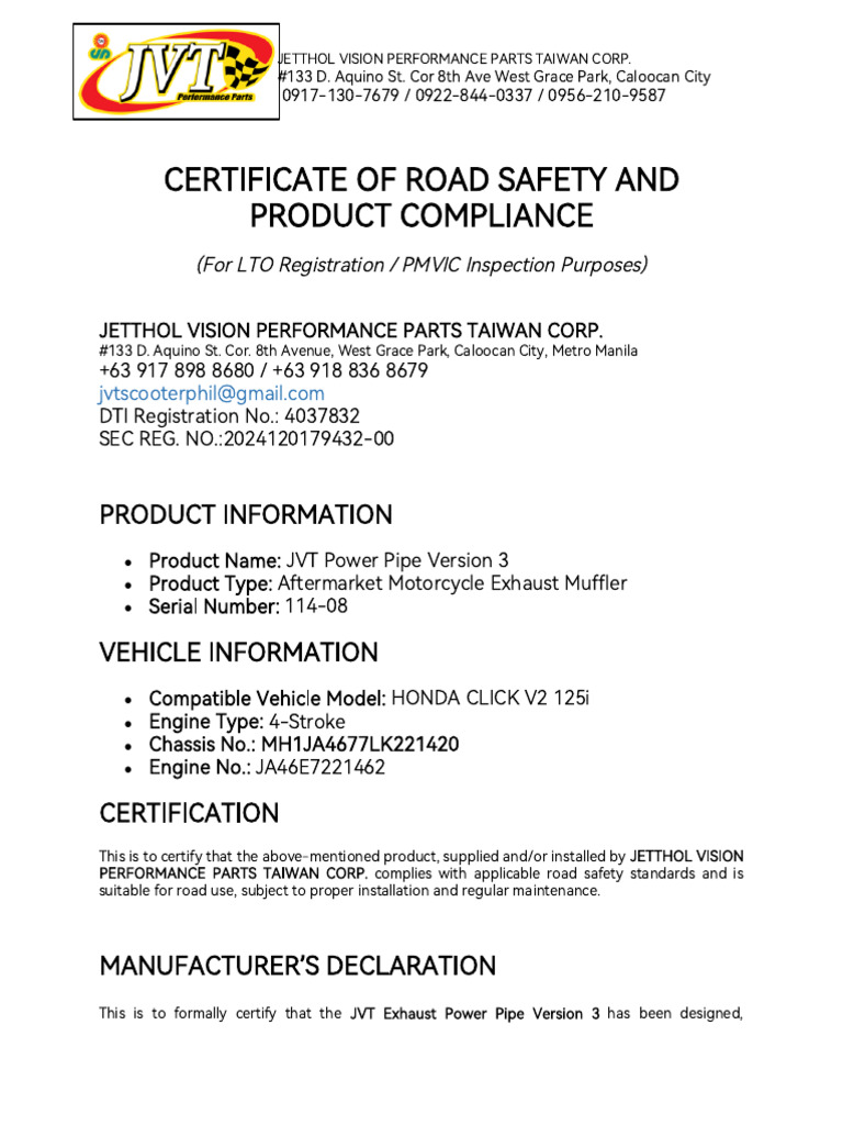 Certificate of Road Safety and Product Compliance | PDF | Vehicles ...