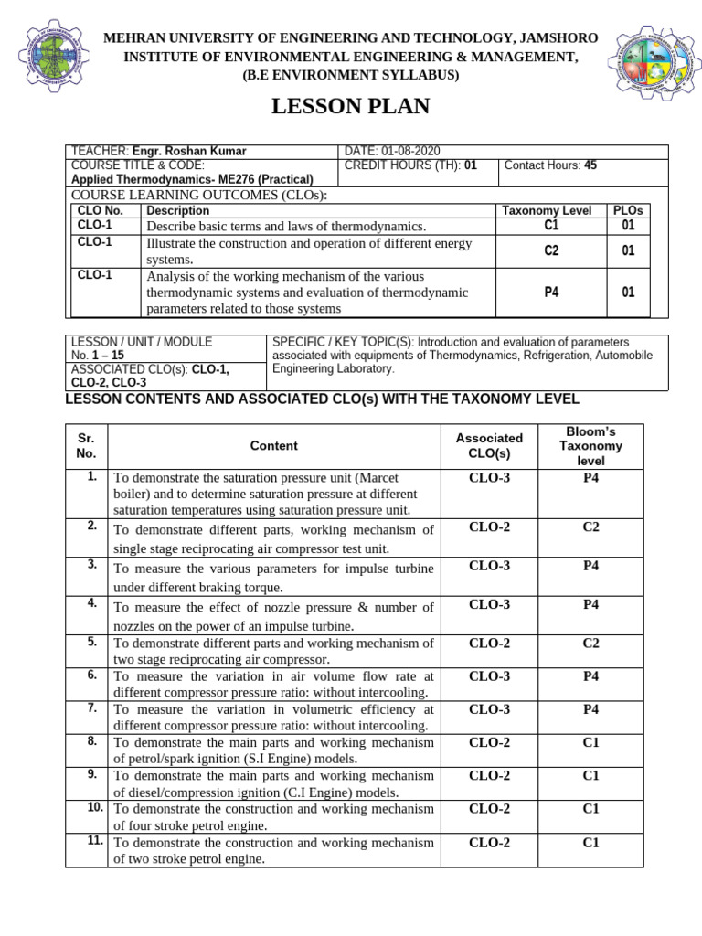 Lesson Plan at-Practical | PDF | Diesel Engine | Mechanical Engineering