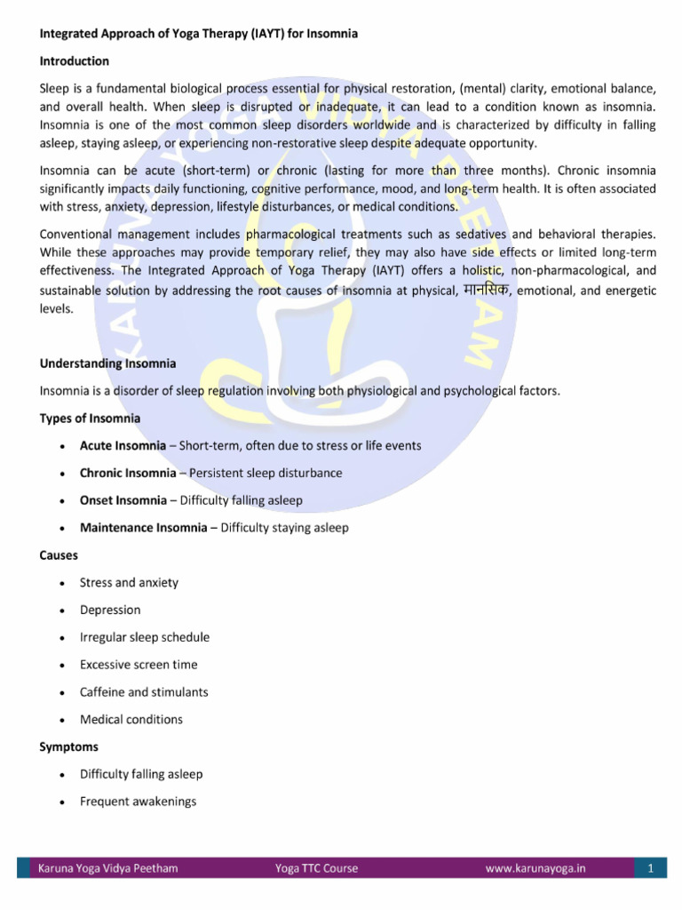 Integrated Approach of Yoga Therapy (IAYT) for Insomnia | PDF