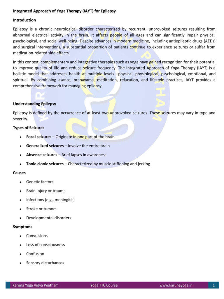 Integrated Approach of Yoga Therapy (IAYT) for Epilepsy | PDF