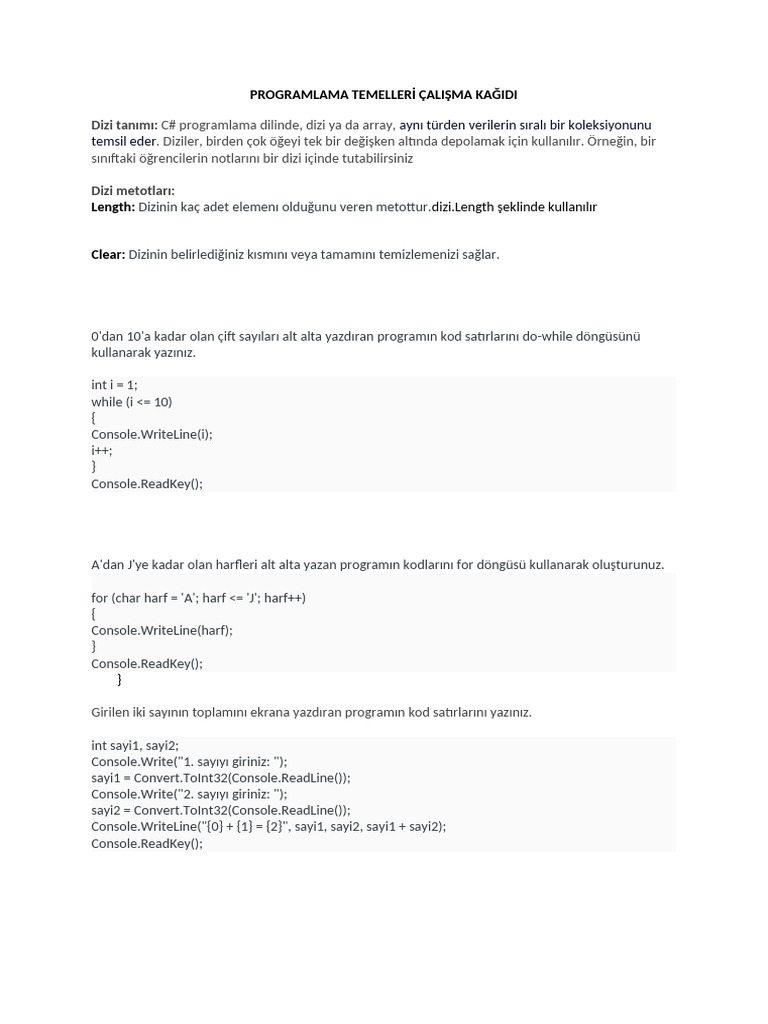 programlama temelleri çalışma | PDF