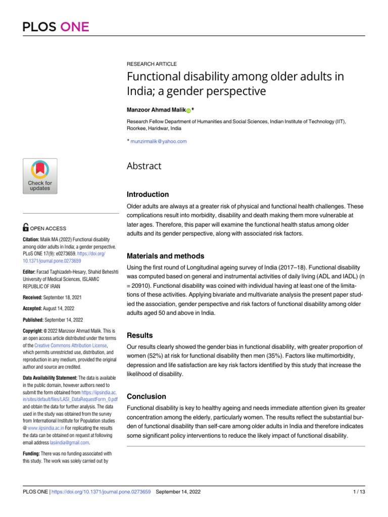 Functional Disability Among Older Adults in India A Gender Perspective ...