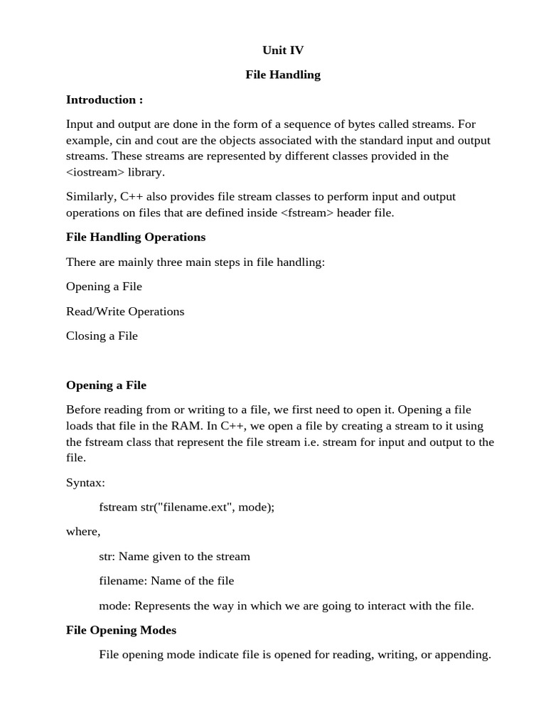Unit IV File Handling | PDF