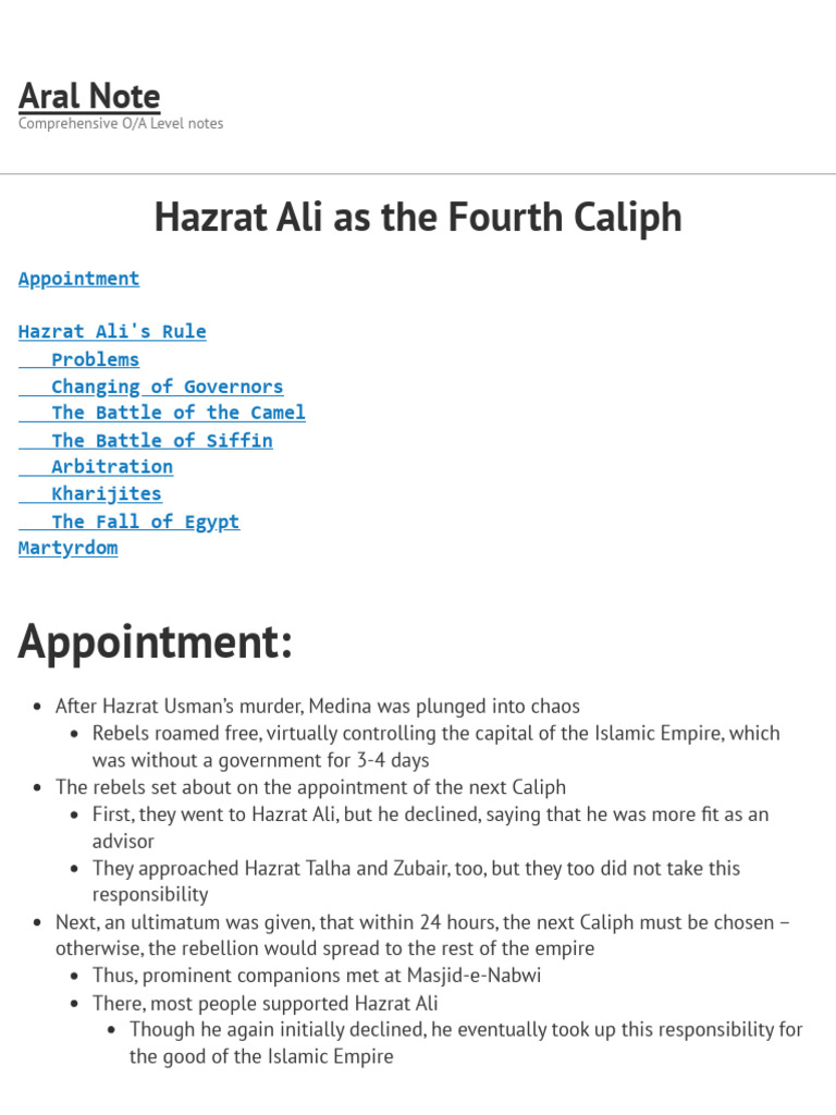 Hazrat Ali As The Fourth Caliph - Aral Note | PDF | Ali | Caliphate