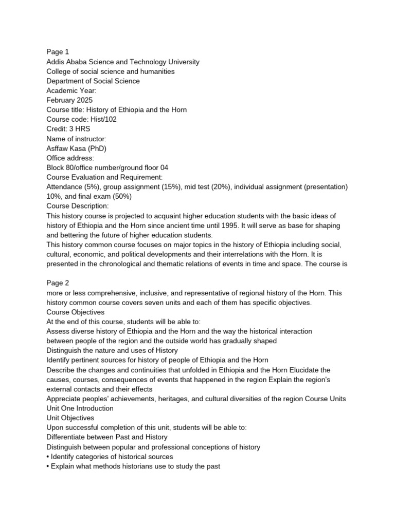 Course Outline For History of Ethiopia and The Horn | PDF | Ethiopia ...