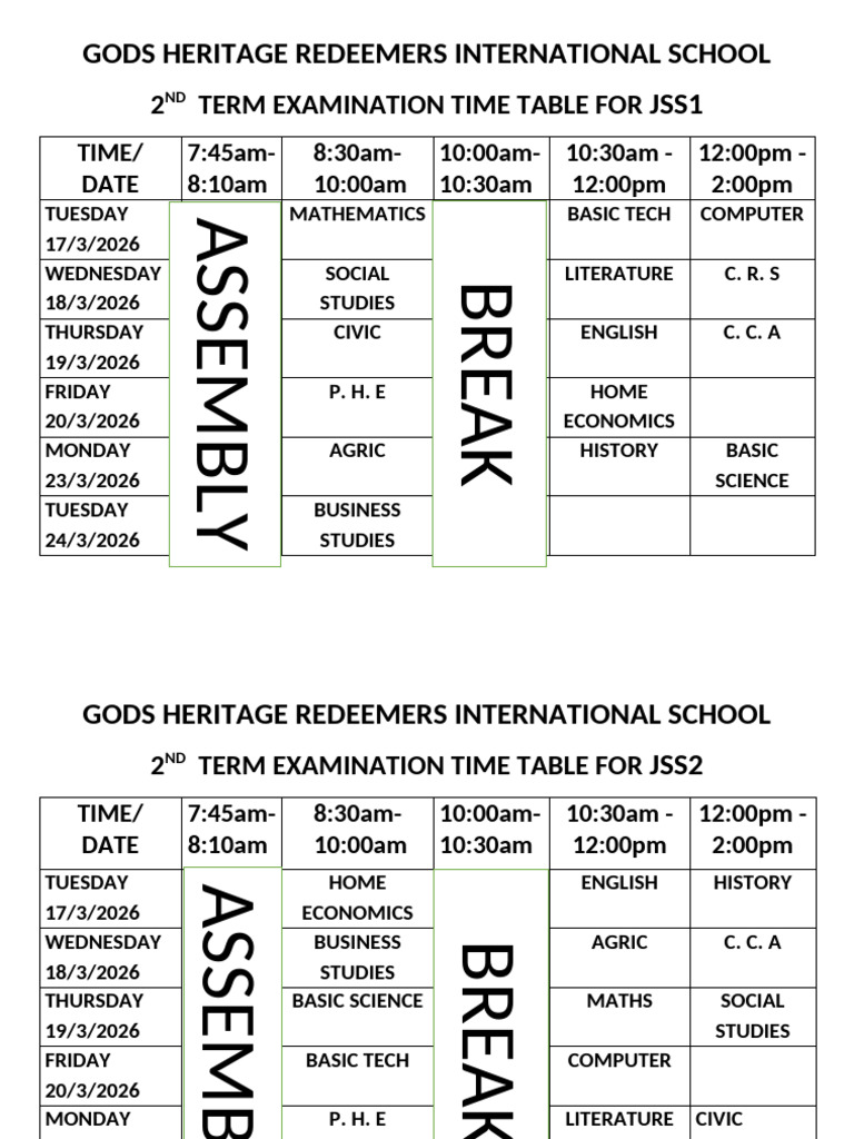 Examination Time Table for Secondary | PDF