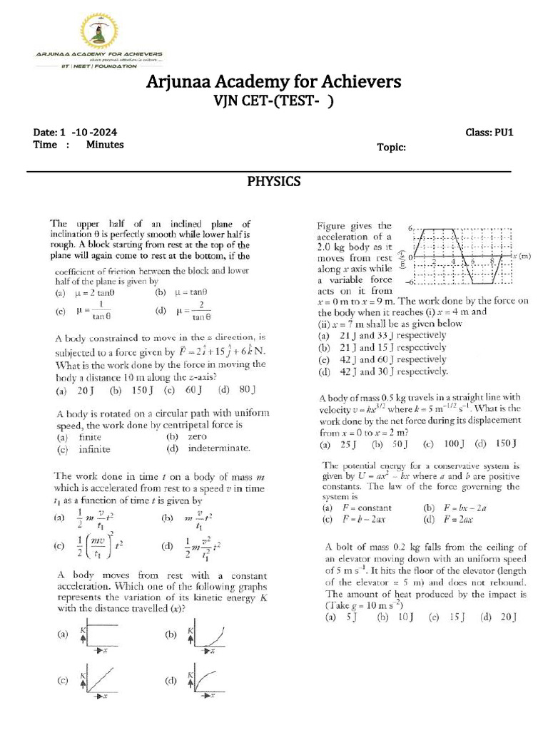 Class Xi Vjn Cet Physics 14-10-2024 | PDF | Force | Potential Energy