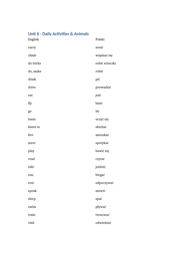 Unit 6 Daily Activities and Animals | PDF