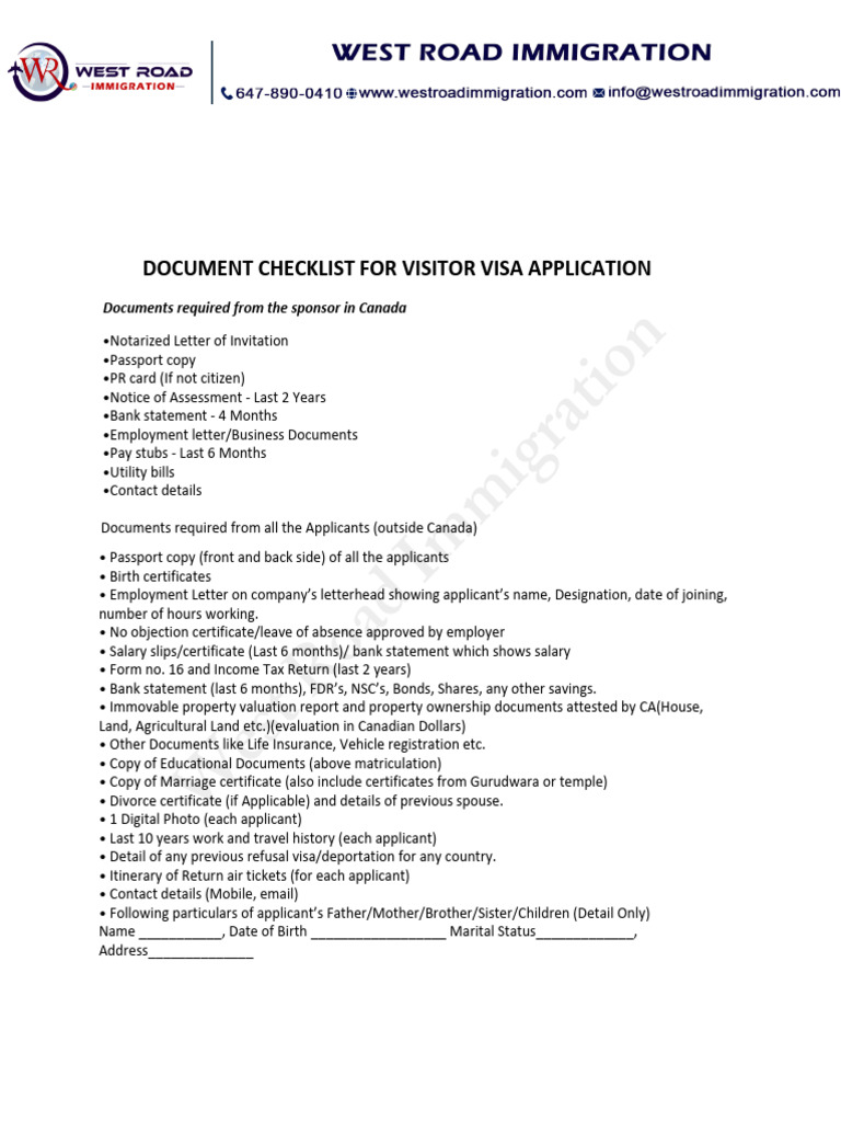 Checklist For Visitor Visa WestRoad | PDF