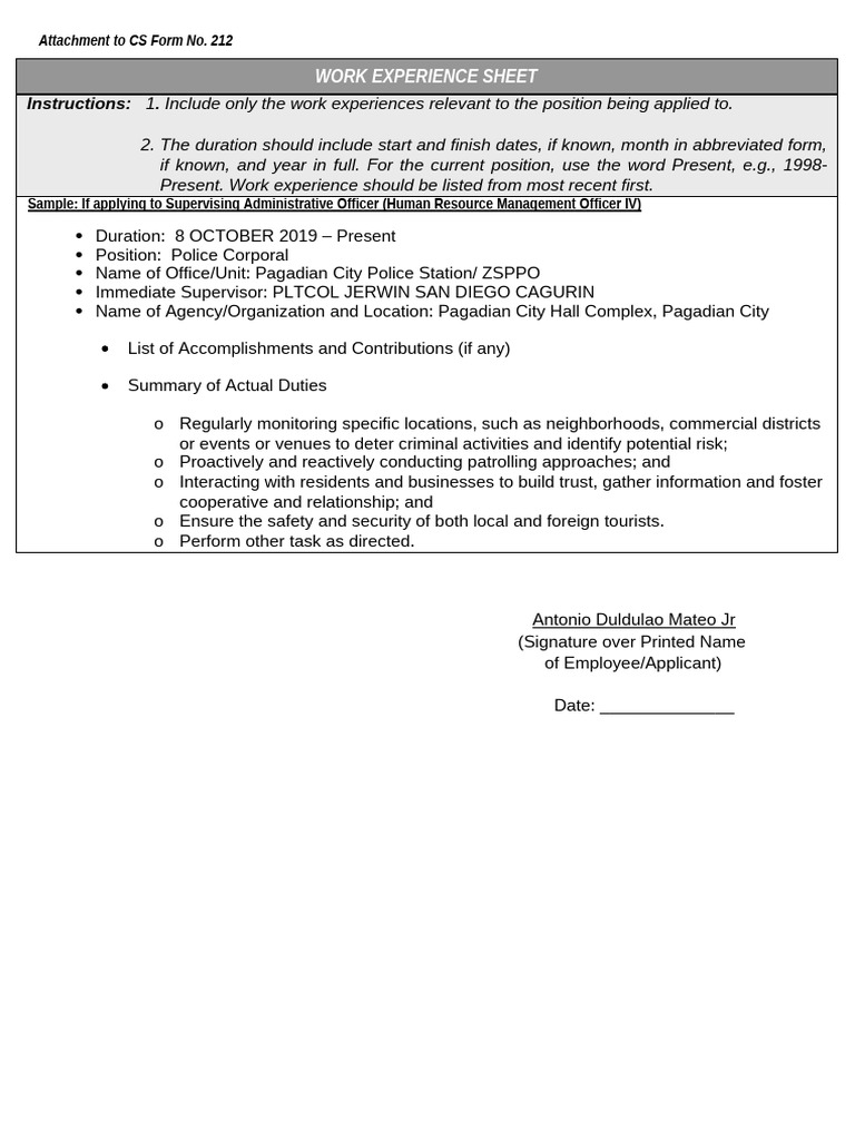 ANNEX H-2 - CS Form No. 212 Attachment - Work Experience Sheet (2) (1 ...