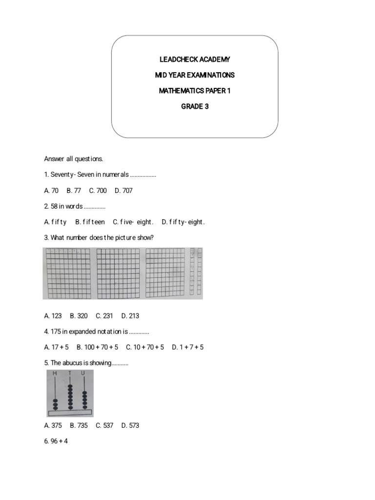 Maths Paper 1 Mid Year Exam Grade 3 | PDF
