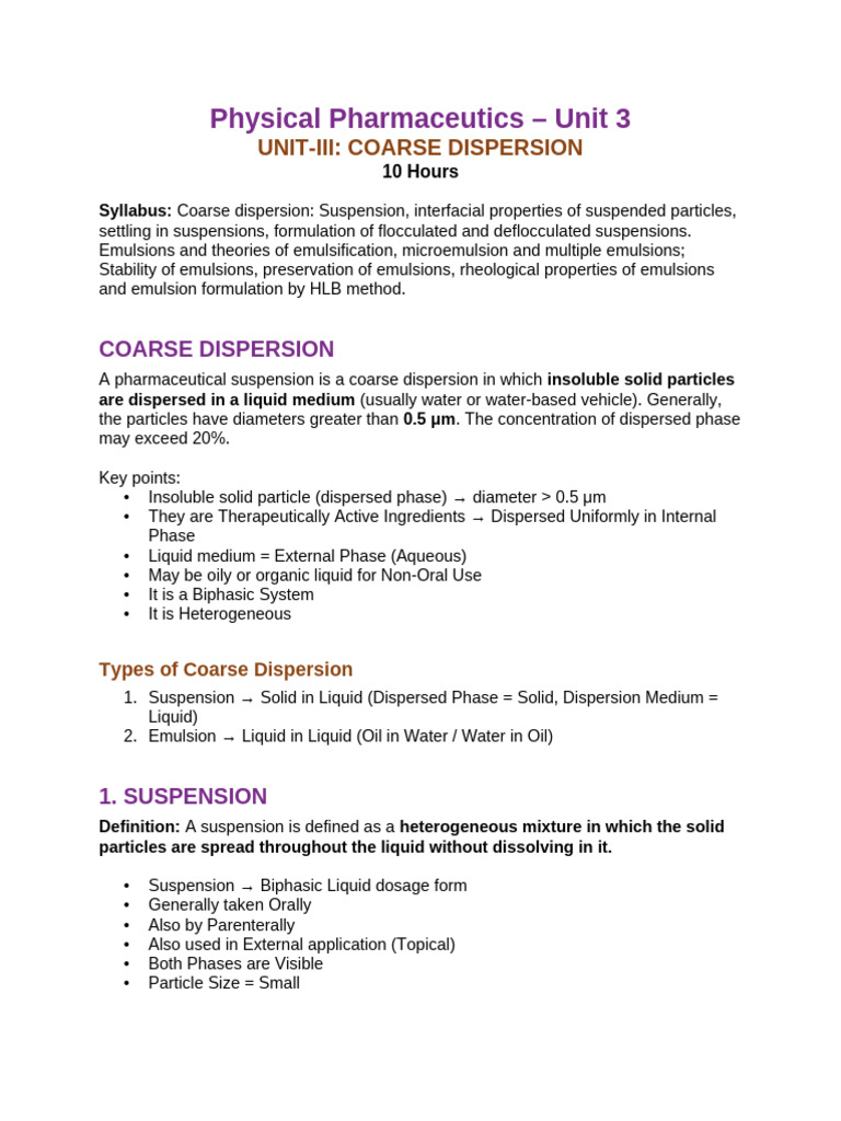 Physical Pharmaceutics Unit3 Notes | PDF | Emulsion | Surfactant