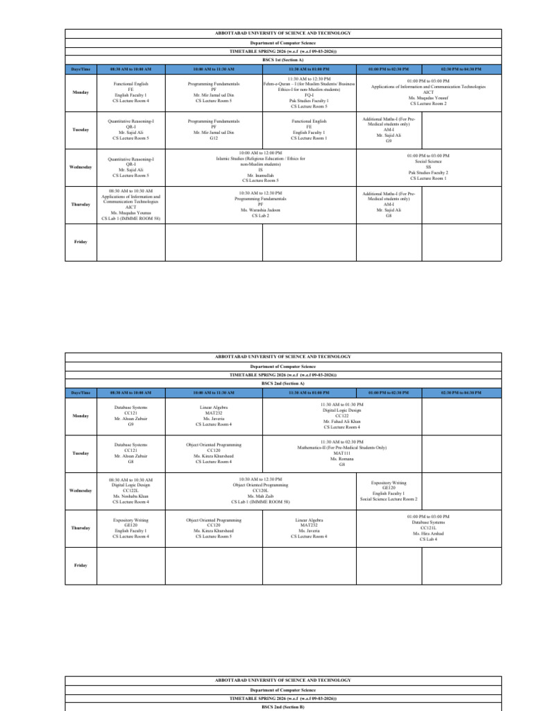 BSCS-Timetable Spring 2026 29-03-2026 | PDF | Computing | Computer Science