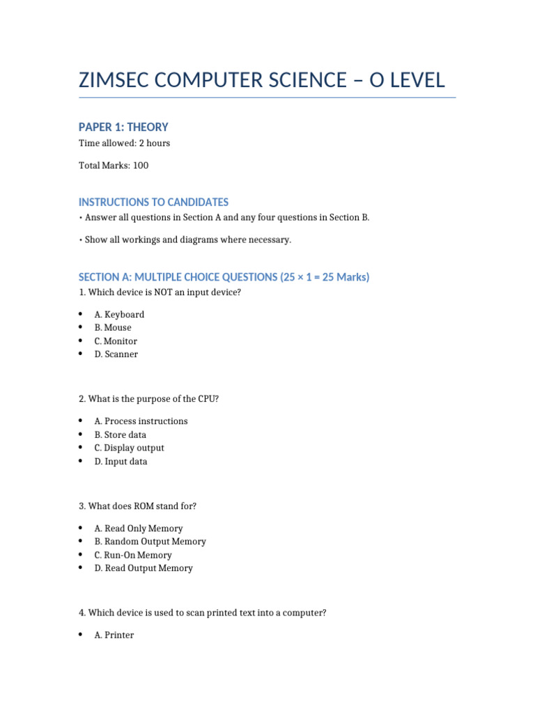 ZIMSEC O Level CS Paper1 Full With Marking | PDF | Computer Data ...