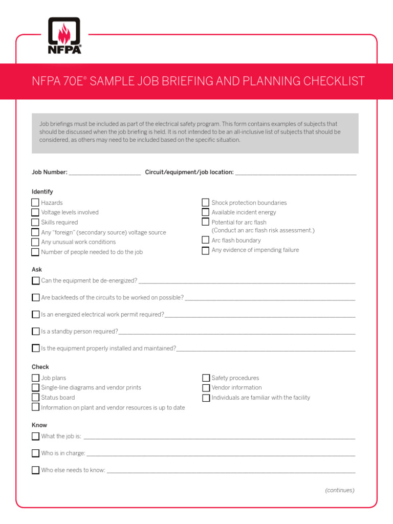 3) NFPA 70E Sample Job Briefing and Planning Checklist (1) | PDF ...