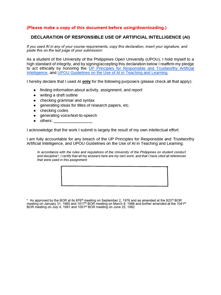 Declaration of Responsible Use of AI | PDF