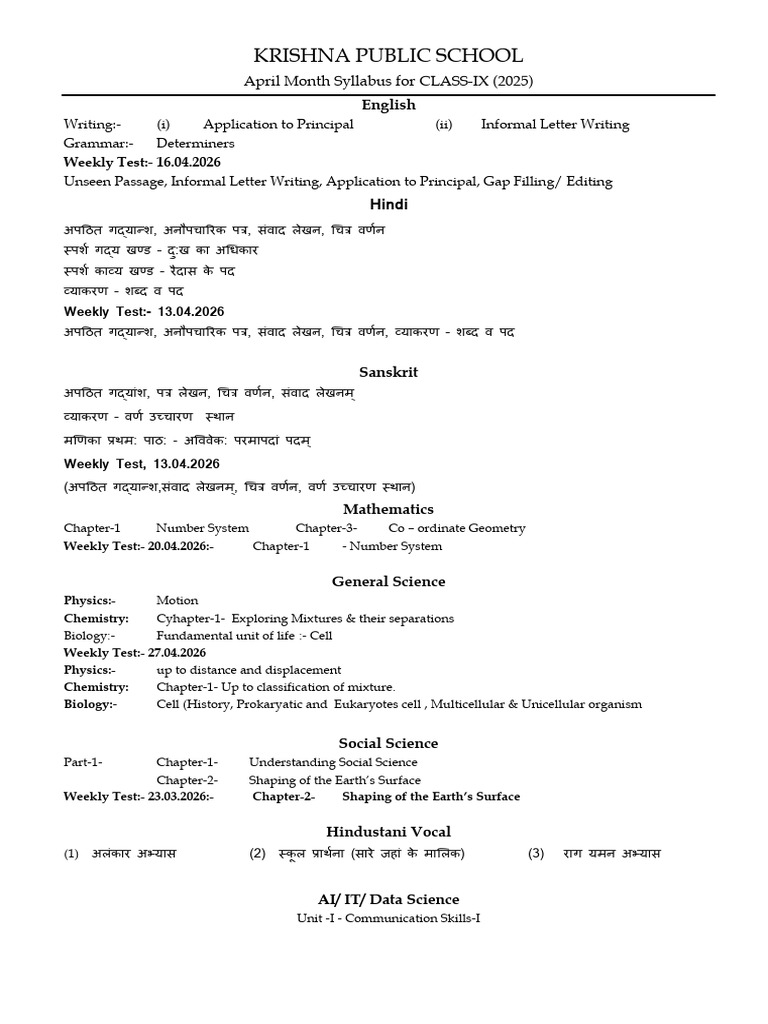 Class-IX, April Syllabus | PDF