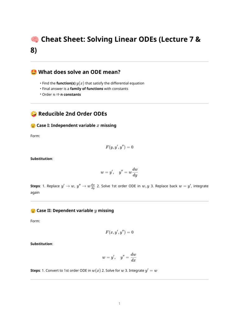 Ode Cheat Sheet – Lecture 7 & 8 | PDF