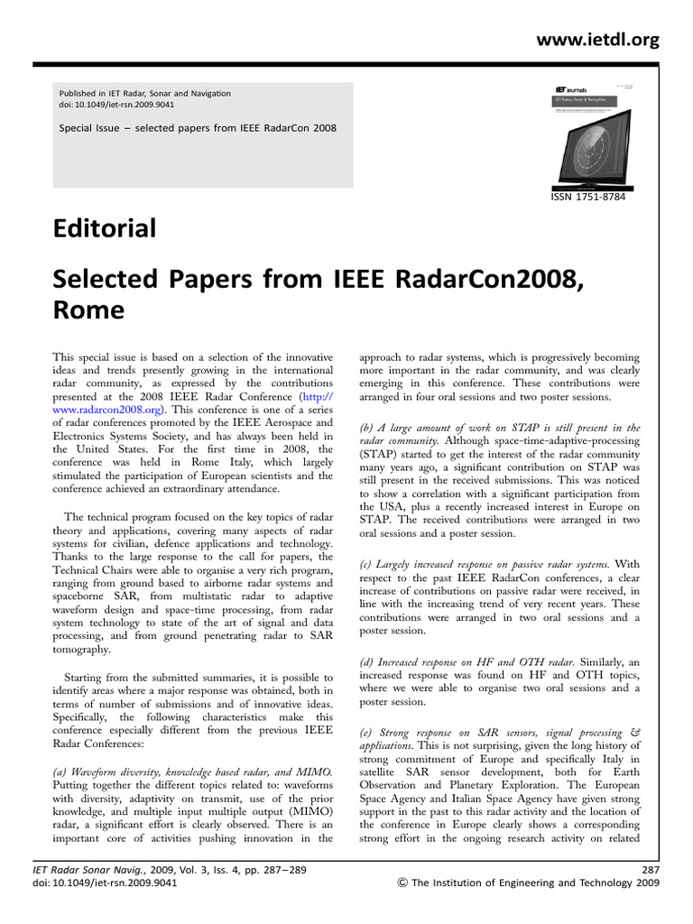 Editorial Selected Papers From IEEE Radar | PDF