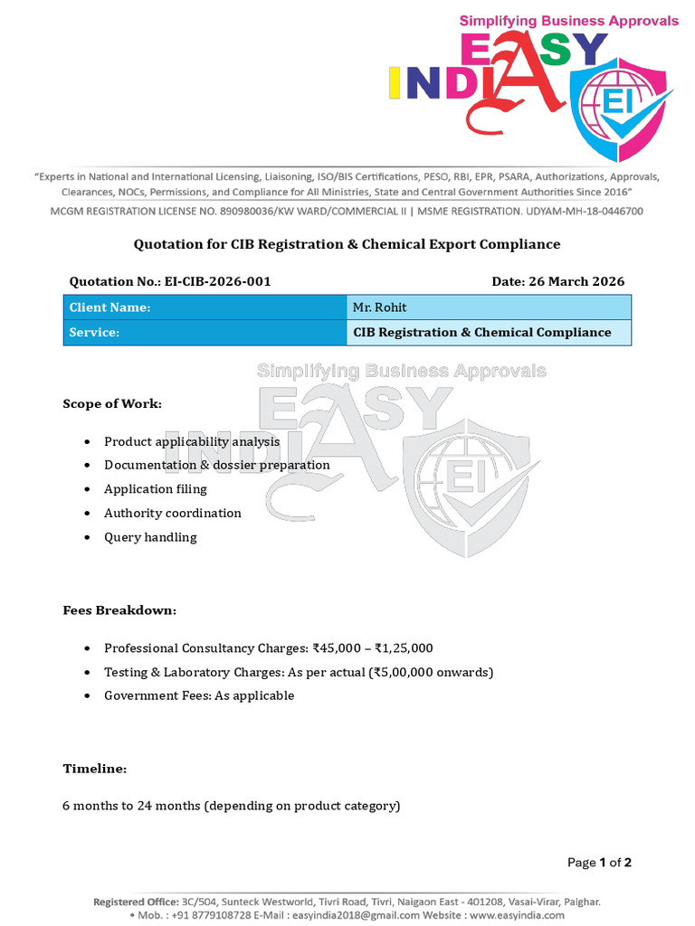 Quotation for CIB Registration & Chemical Export Compliance | PDF