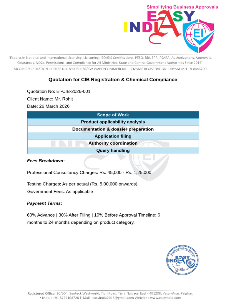 Quotation for CIB Registration & Chemical Compliance | PDF