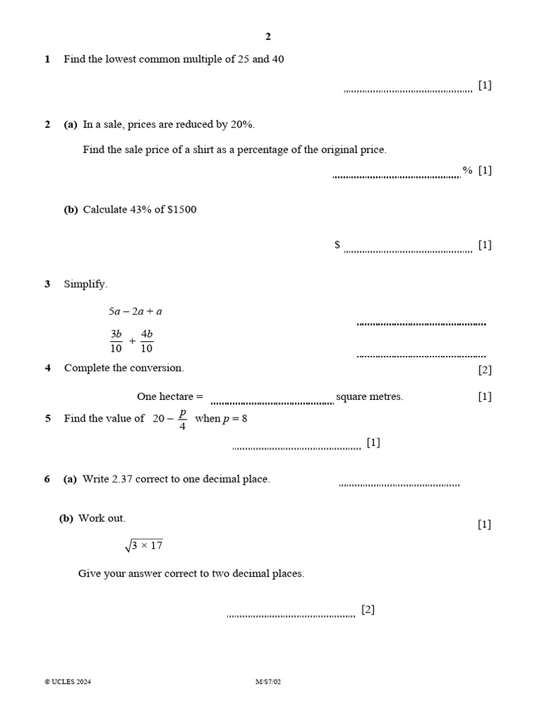 Progression Test - Stage 7 Math 2024 P2 QP (1) | PDF | Mathematics ...