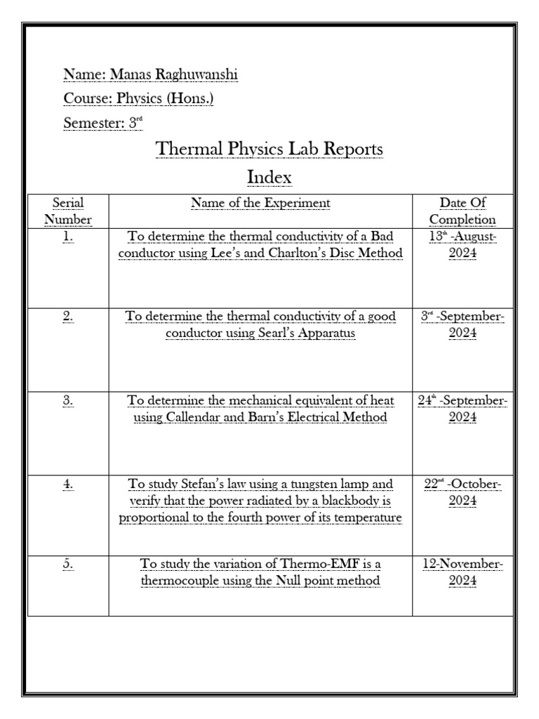 Thermal Lab Index | PDF