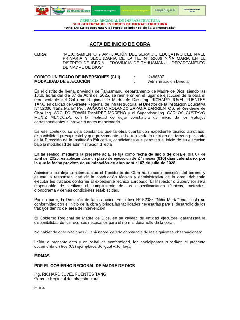 Acta de Inicio de Obra (1) | PDF