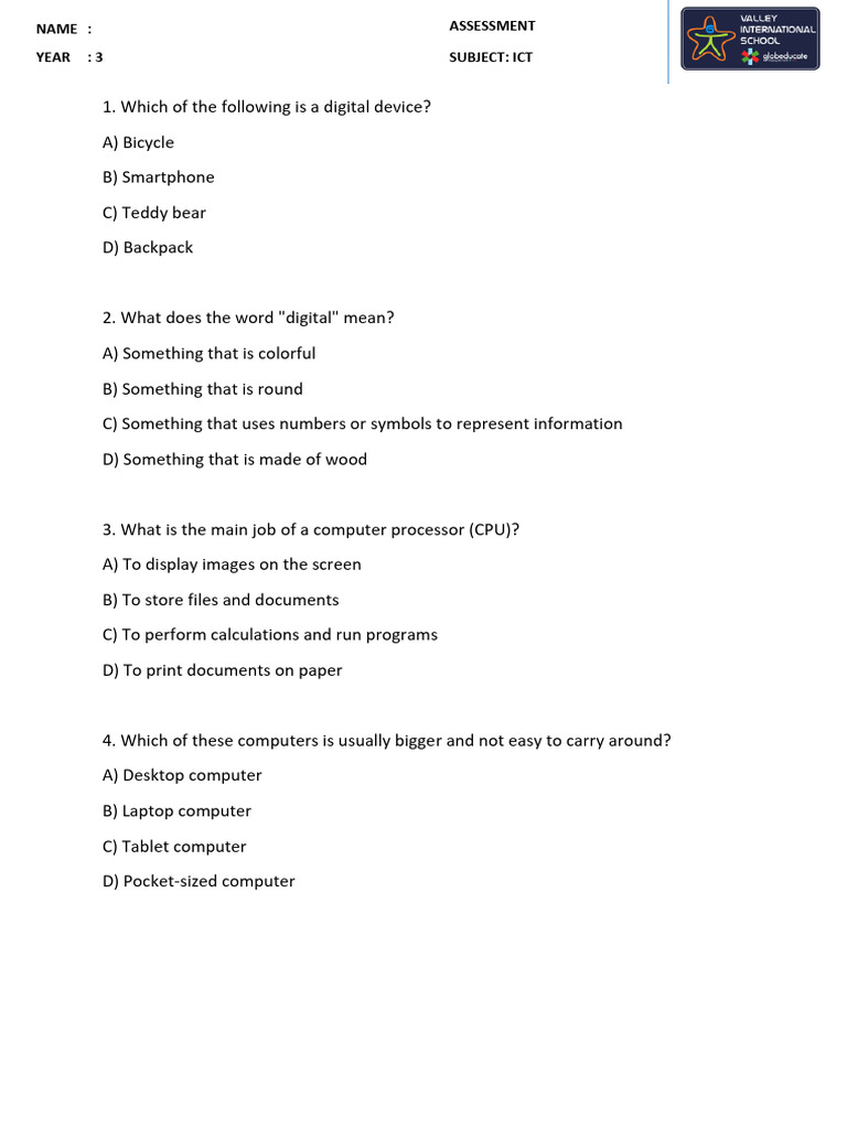 ICT Year 3 Chapter 1 Assessment | PDF