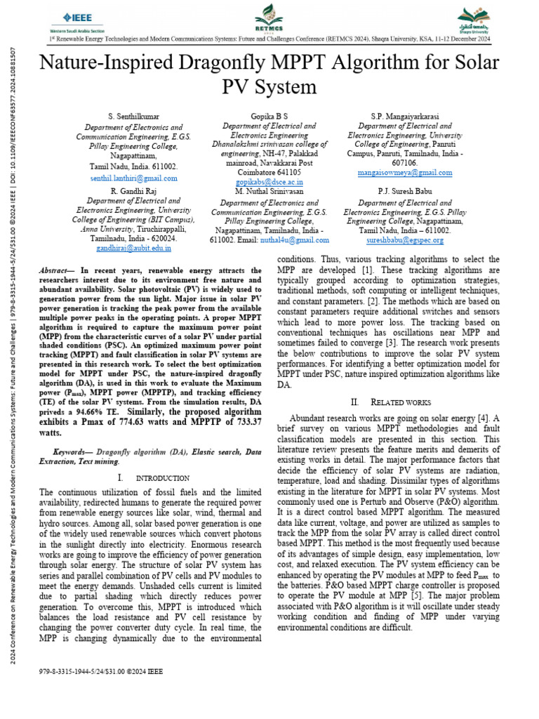 Nature-Inspired Dragonfly MPPT Algorithm for Solar PV System (1) | PDF