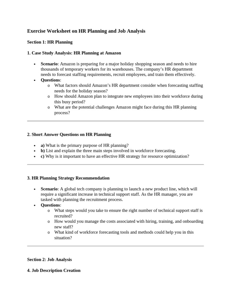 Exercise Worksheet on HR Planning and Job Analysis | PDF