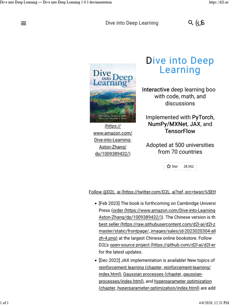 Dive Into Deep Learning — Dive Into Deep Learning 1.0.3 Documentation | PDF