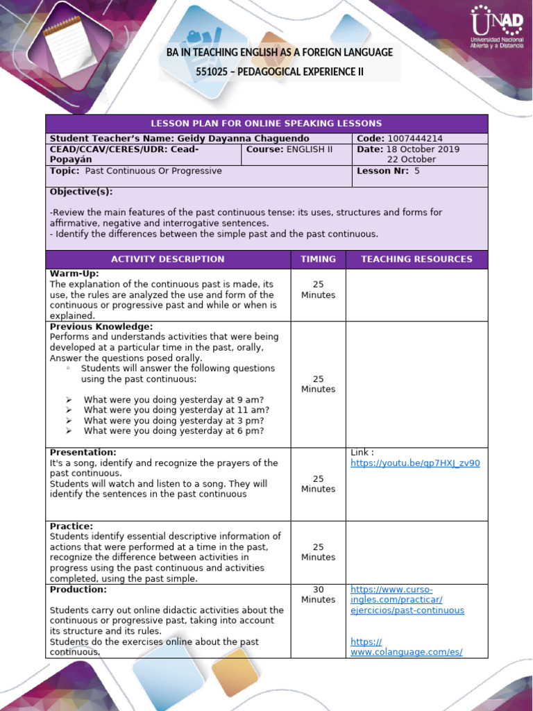 5. Lesson Plan Format-Past Continuous or Progressive | PDF | Lesson ...