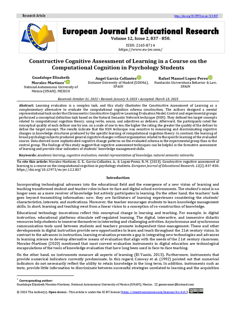 Constructive Cognitive Assessment of Learning in a Course on the ...