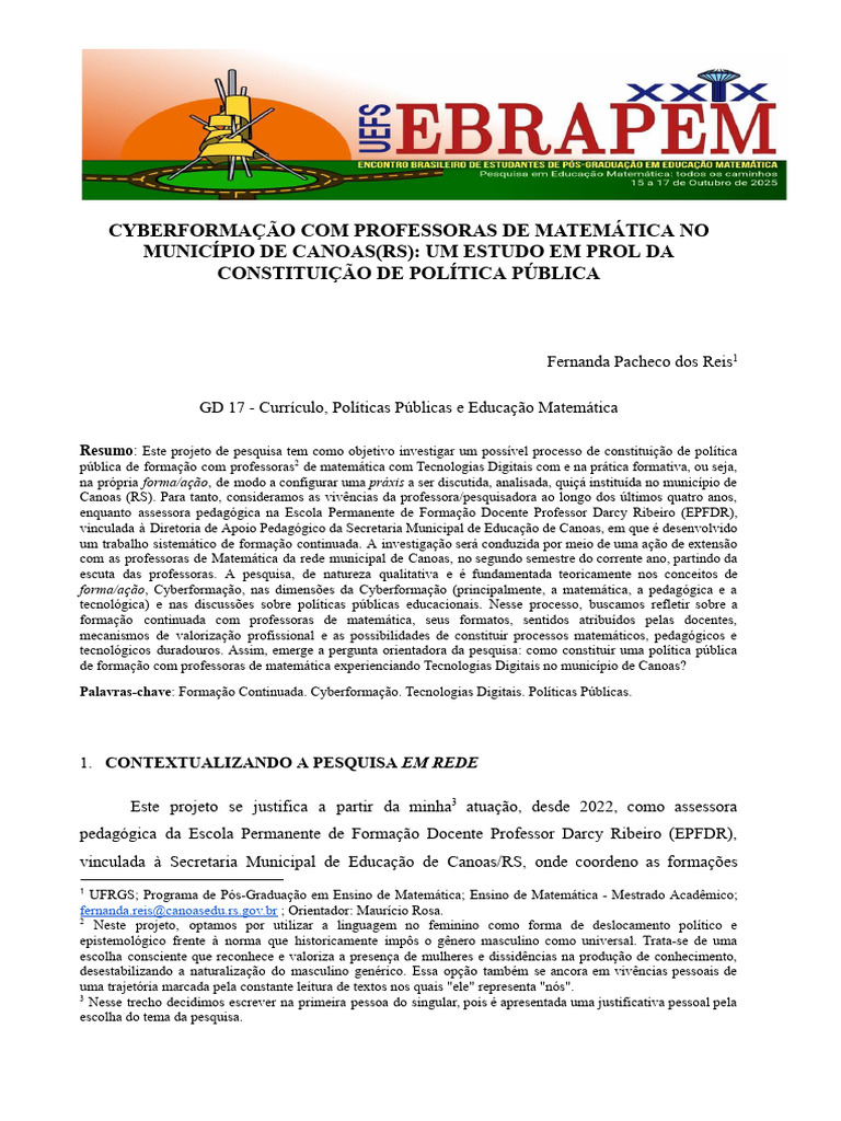 Cyberformação Com Professoras de Matemática | PDF