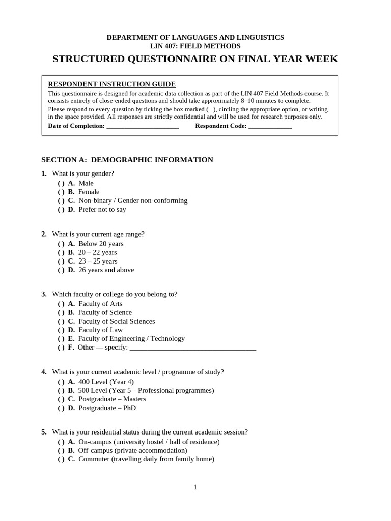 LIN407 Original questionnaire | PDF